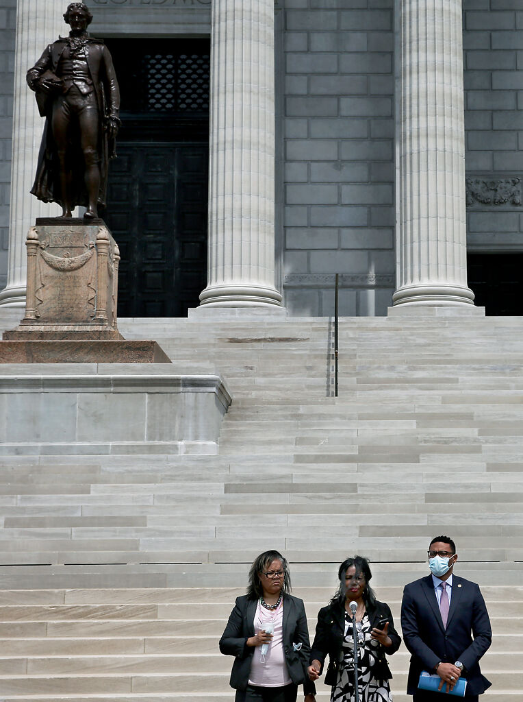 Barbara Washington, Karla May and Brian Williams speak during the Rally to Save Missouri Healthcare
